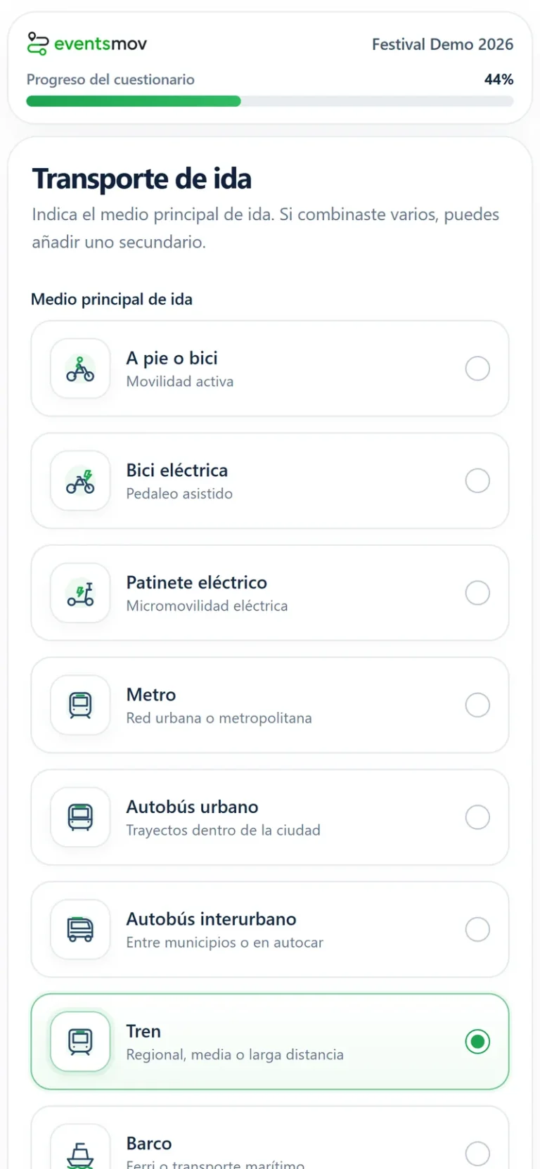 Pantalla del cuestionario en un móvil: la pregunta «Transporte de ida» con la opción «Tren» seleccionada.